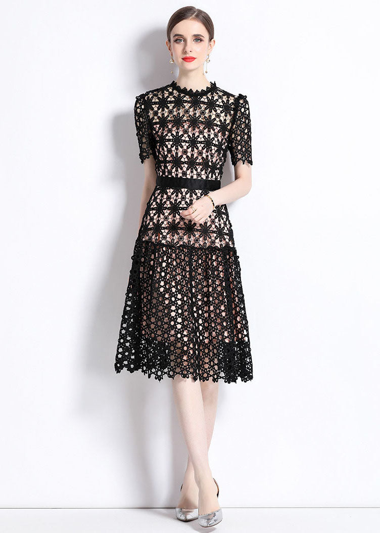 Black Embroideried Hollow Out Patchwork Lace Dress Summer