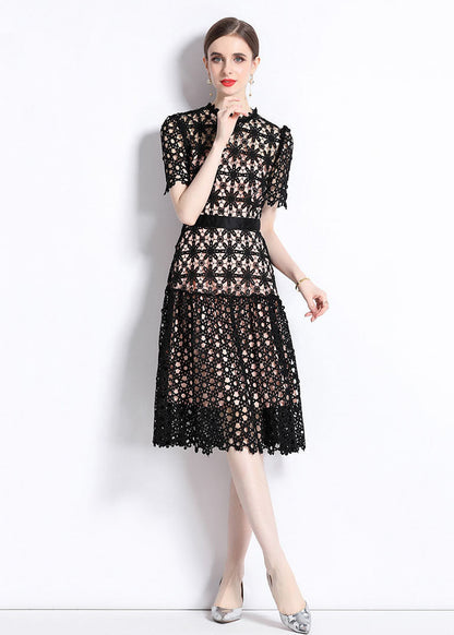 Black Embroideried Hollow Out Patchwork Lace Dress Summer