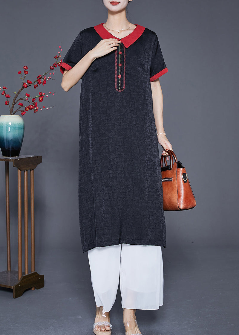 Black Embroideried Patchwork Silk Dress Summer