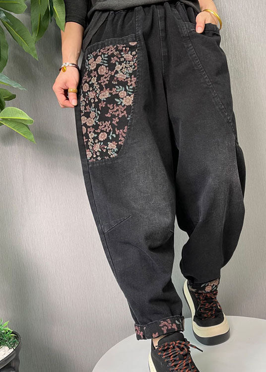 Black Embroideried Pockets Denim Pants Spring