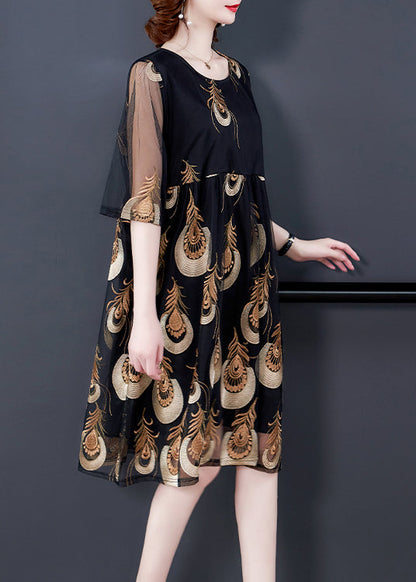 Black Embroideried Tulle Patchwork Wrinkled Chiffon Dress Half Sleeve