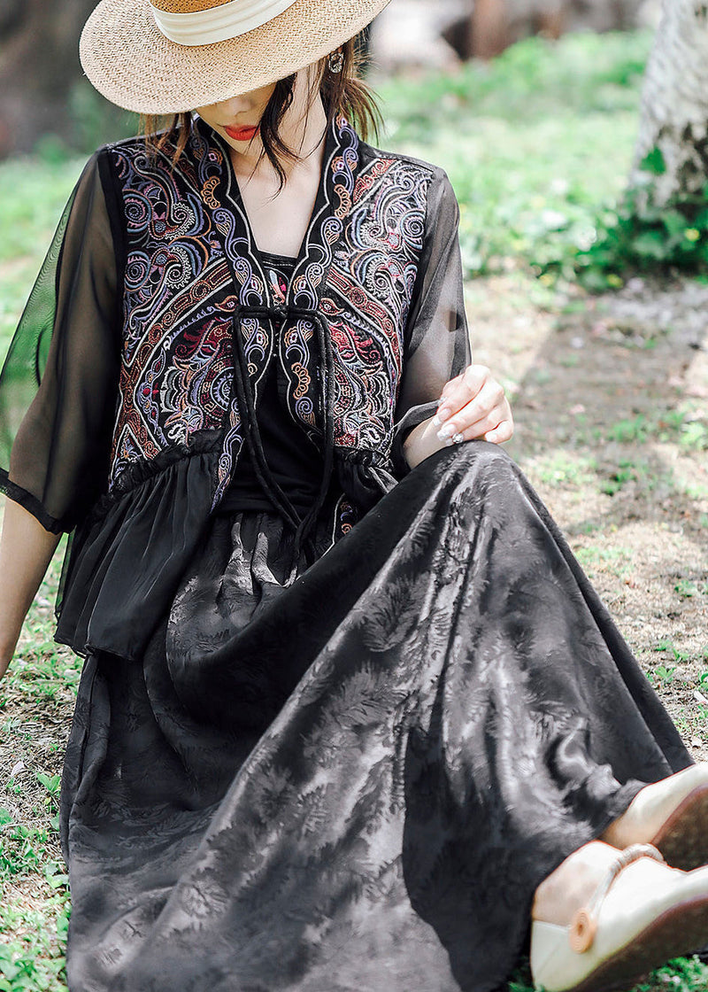 Black Style Embroideried Ruffled Linen Silk Blouse Tops Summer