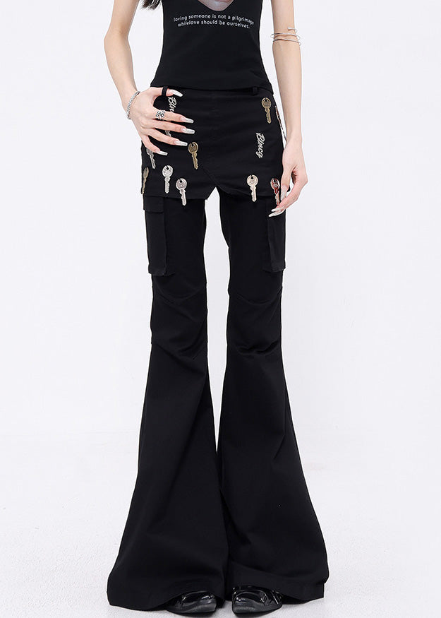 Black False Two Pieces Patchwork Denim Flared Trousers Fall