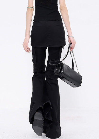 Black False Two Pieces Patchwork Denim Flared Trousers Fall