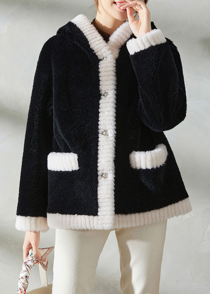 Black Faux Fur Thick Button Hooded Coats Winter