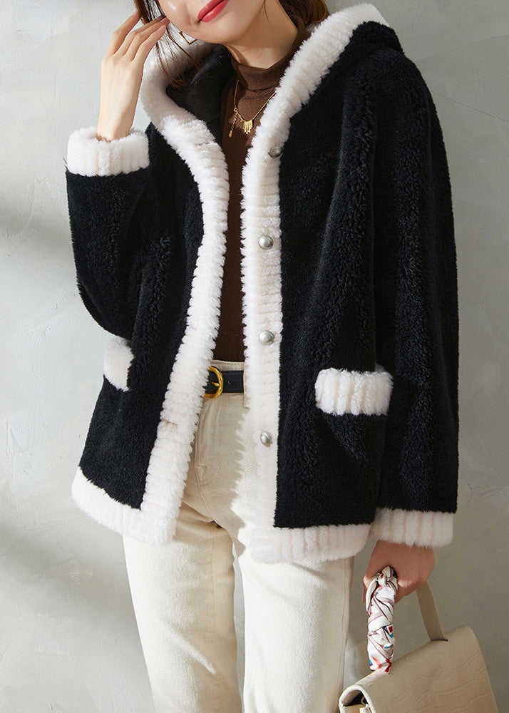 Black Faux Fur Thick Button Hooded Coats Winter