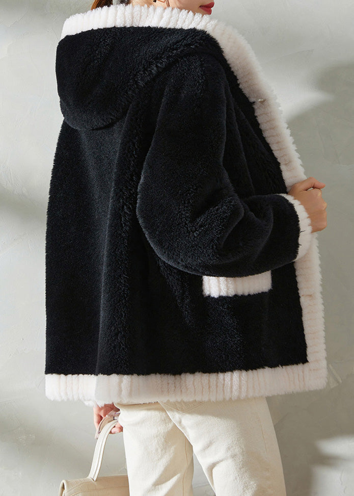 Black Faux Fur Thick Button Hooded Coats Winter