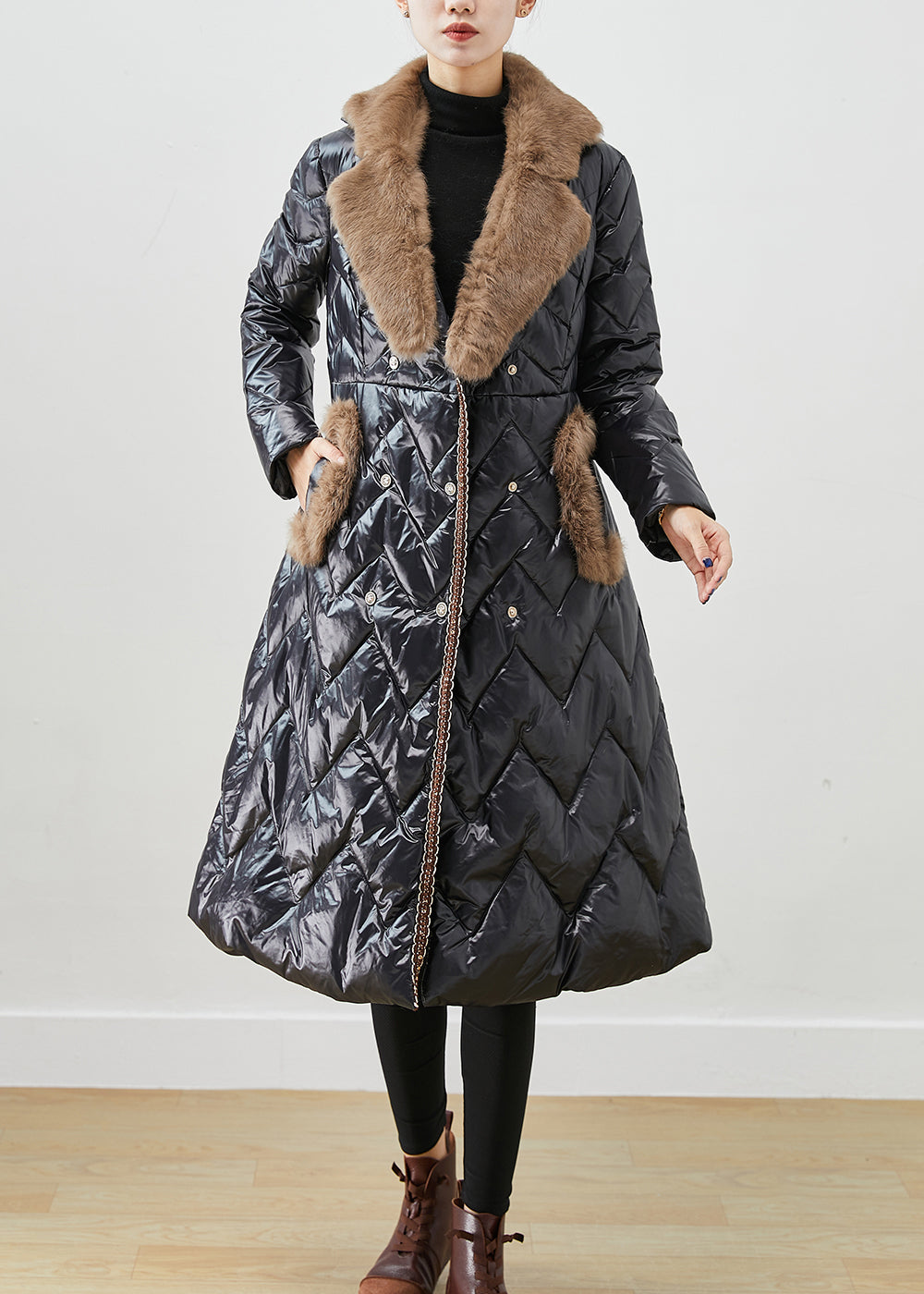 Black Fur Collar Patchwork Duck Down Puffers Jackets Winter