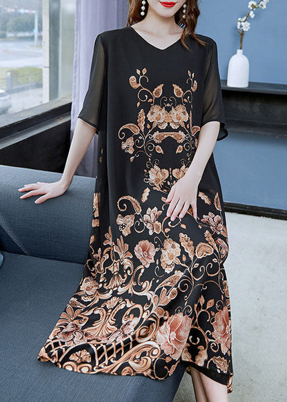 Black Gold V Neck Print Patchwork Chiffon Dress Summer