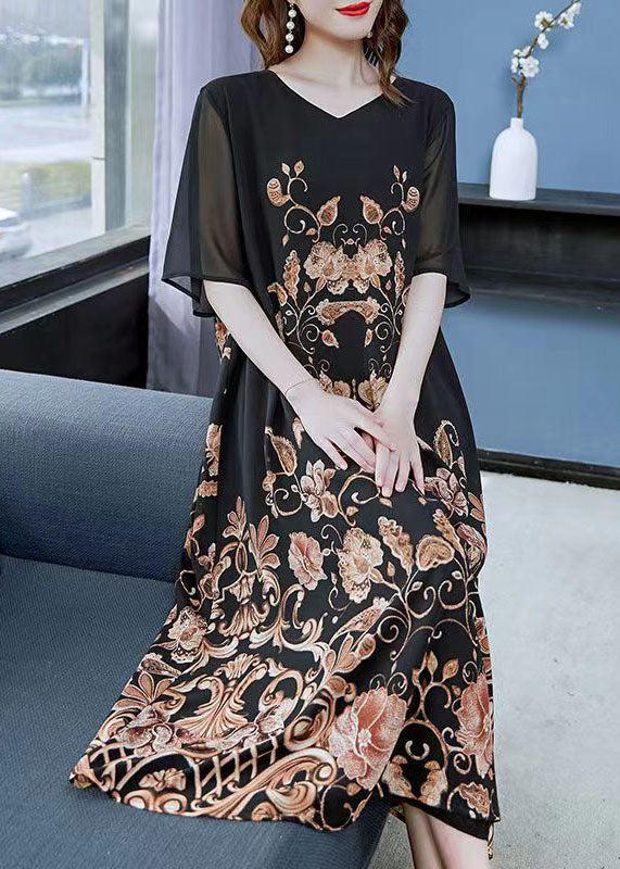 Black Gold V Neck Print Patchwork Chiffon Dress Summer