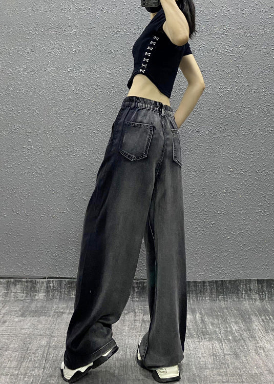 Black Grey Pockets Patchwork Denim Wide Leg Pants Spring