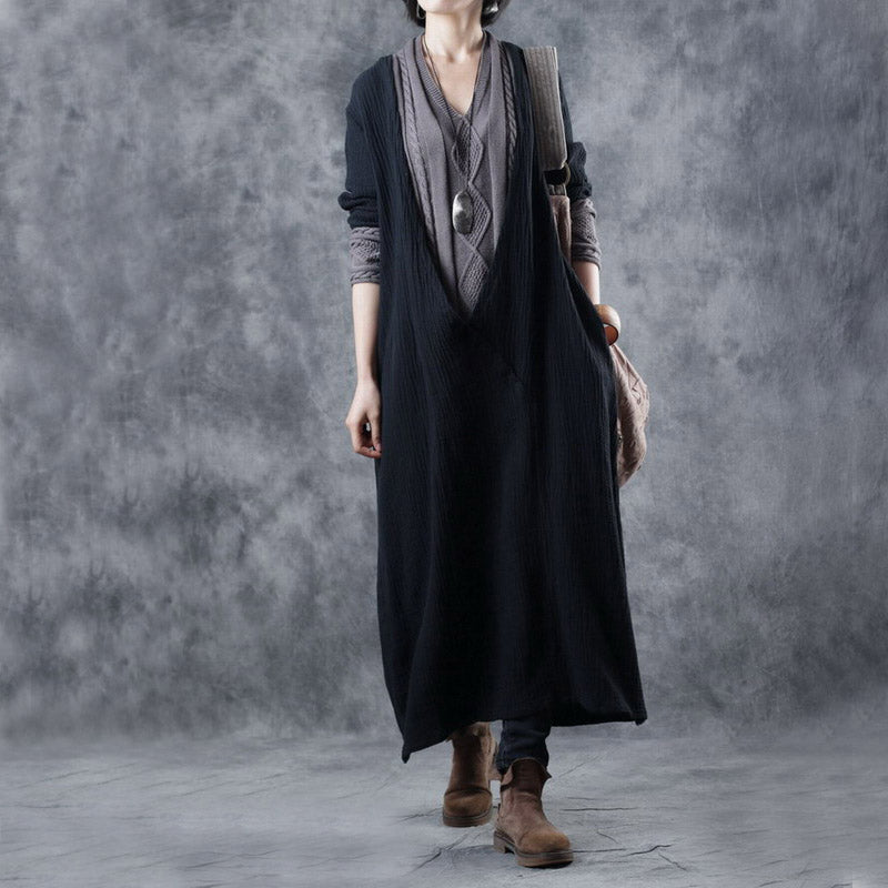 Black Grey V Neck Pockets Patchwork Fall Knit Long Sleeve Dress