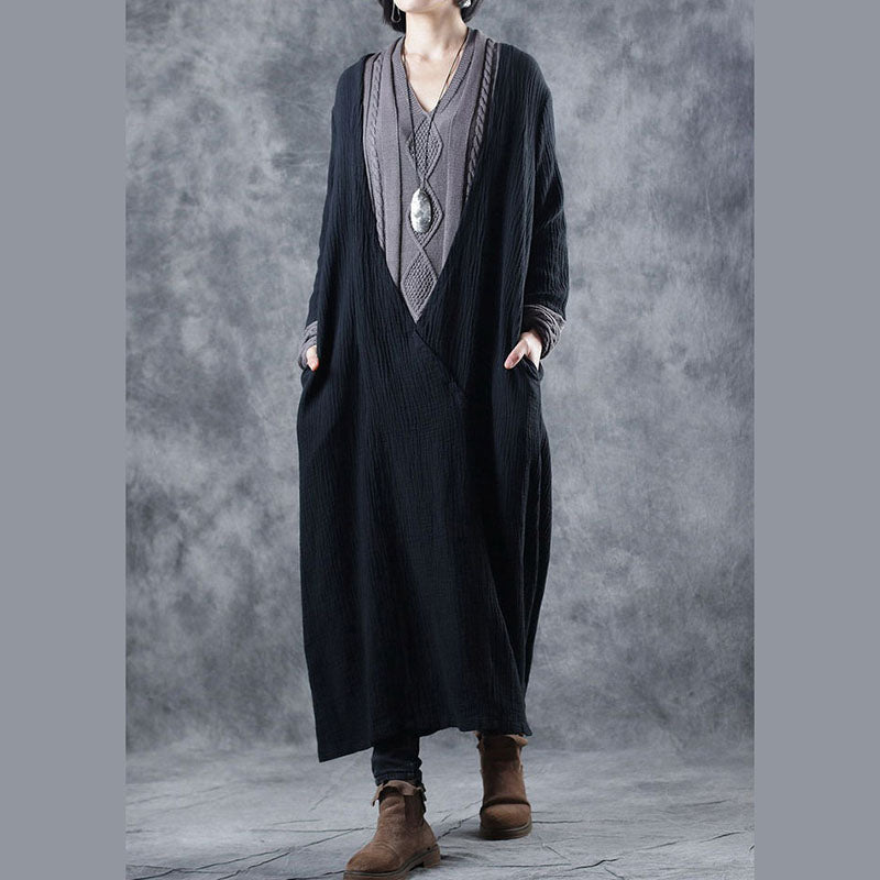 Black Grey V Neck Pockets Patchwork Fall Knit Long Sleeve Dress
