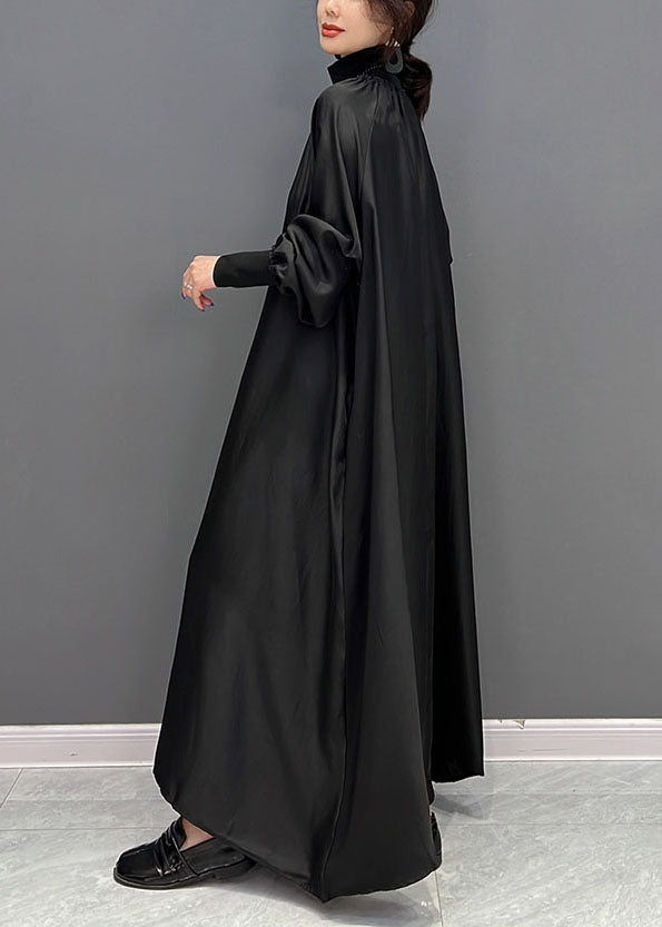 Black High Neck Oversized Silk Long Dress Spring