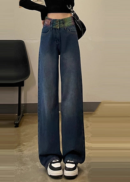 Black High Waist Patchwork Denim Straight Pants Spring