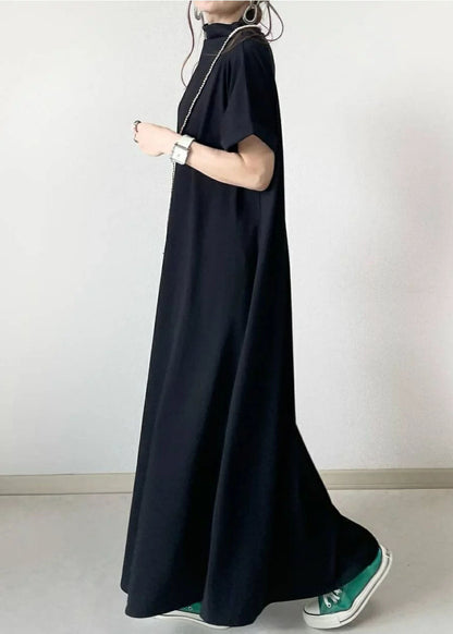 Black Hign Neck Patchwork Cotton Ankle Dress Batwing Sleeve
