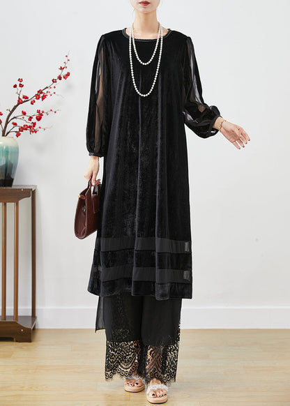 Black Hollow Out Patchwork Silk Velour Maxi Dresses Bracelet Sleeve