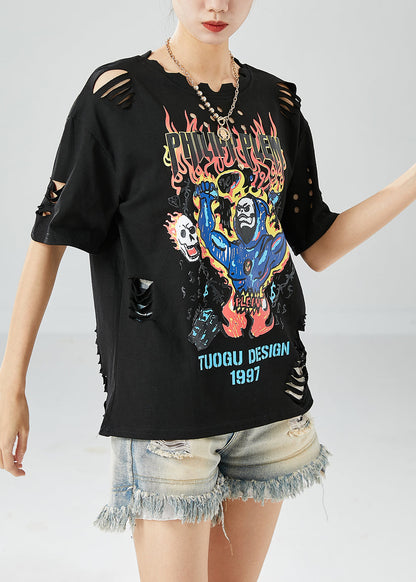 Black Hollow Out Print Ripped Cotton Tanks Summer