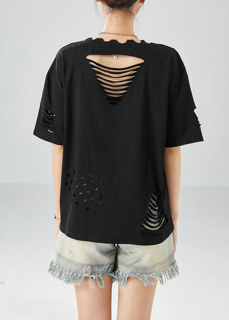 Black Hollow Out Print Ripped Cotton Tanks Summer
