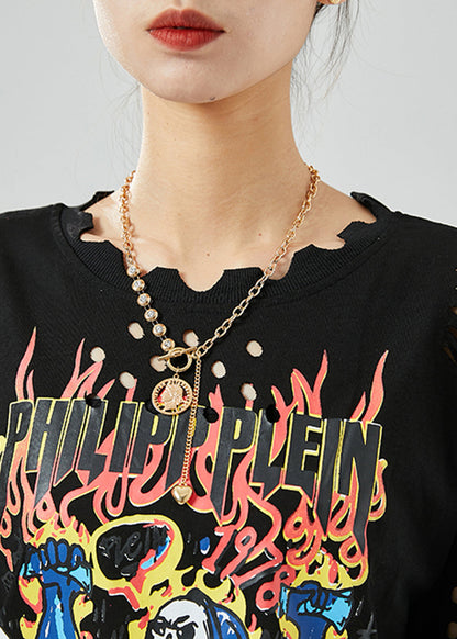 Black Hollow Out Print Ripped Cotton Tanks Summer