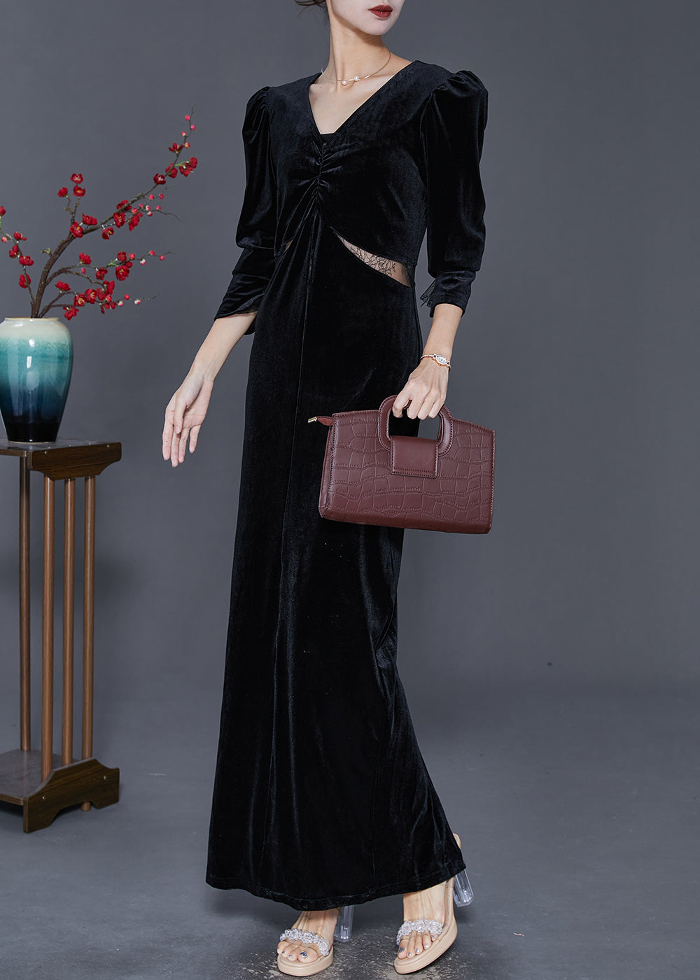 Black Hollow Out Silm Fit Silk Velour Long Dresses Fall