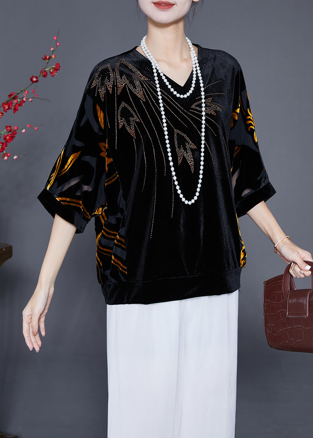 Black Hollow Out Zircon Silk Velour Shirt Top Half Sleeve