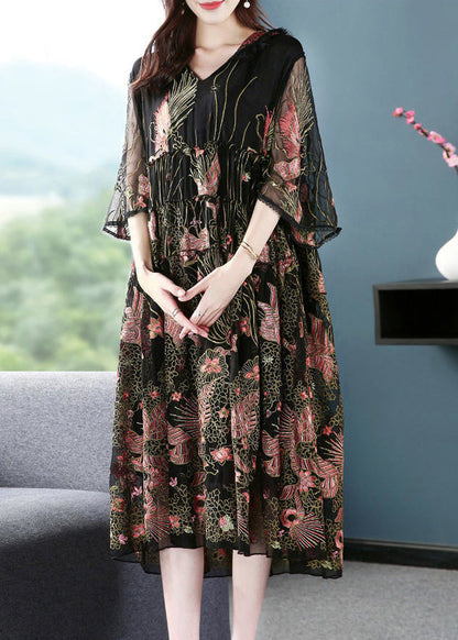 Black Hooded Embroideried Silk a Line Dress Summer
