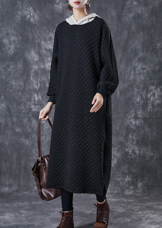 Black Hooded Patchwork Fine Cotton Filled Dress Winter