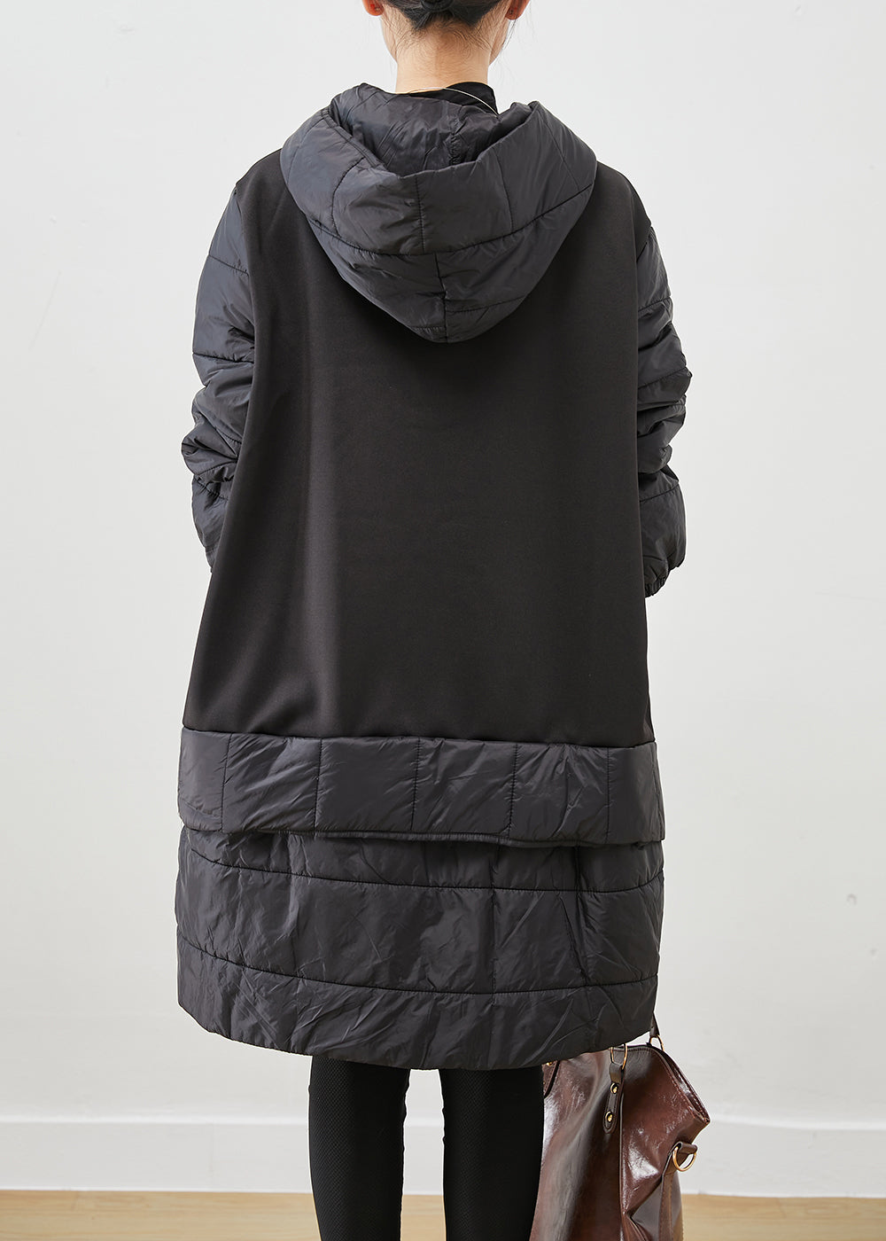 Black Hooded Patchwork Thick Cotton Pullover Sweatshirt Dress Fall