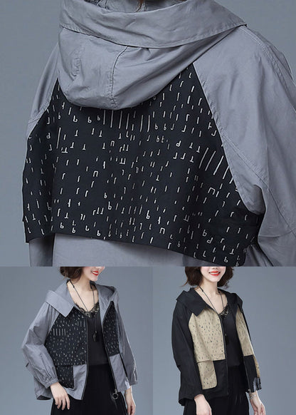Black Hooded Print Pockets Patchwork Cotton Tops Coats Fall