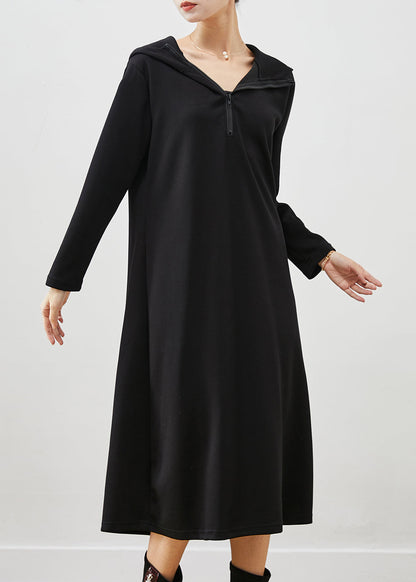 Black Hooded Zippered Cotton Sweatshirts Dress Spring