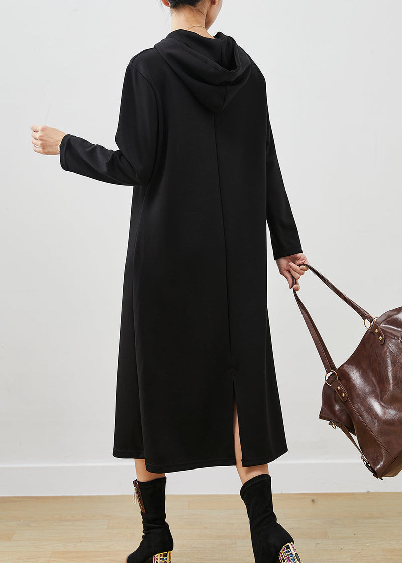 Black Hooded Zippered Cotton Sweatshirts Dress Spring
