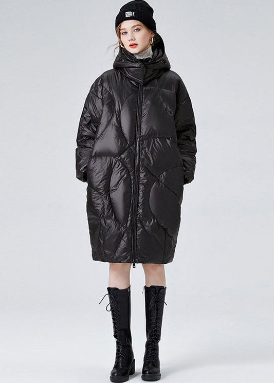 Black Hooded Zippered Duck Down Puffers Jackets Winter