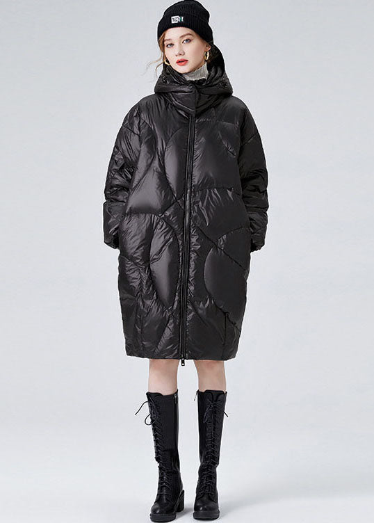 Black Hooded Zippered Duck Down Puffers Jackets Winter