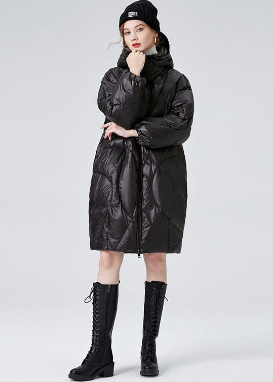 Black Hooded Zippered Duck Down Puffers Jackets Winter