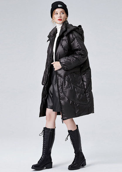 Black Hooded Zippered Duck Down Puffers Jackets Winter
