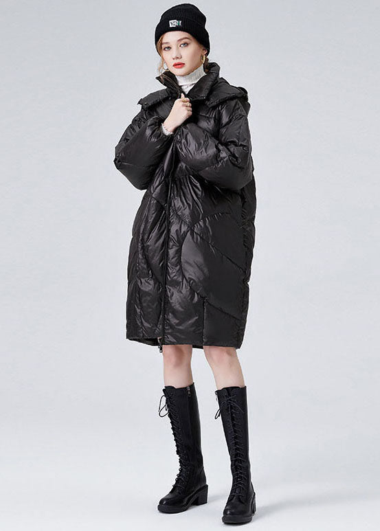 Black Hooded Zippered Duck Down Puffers Jackets Winter