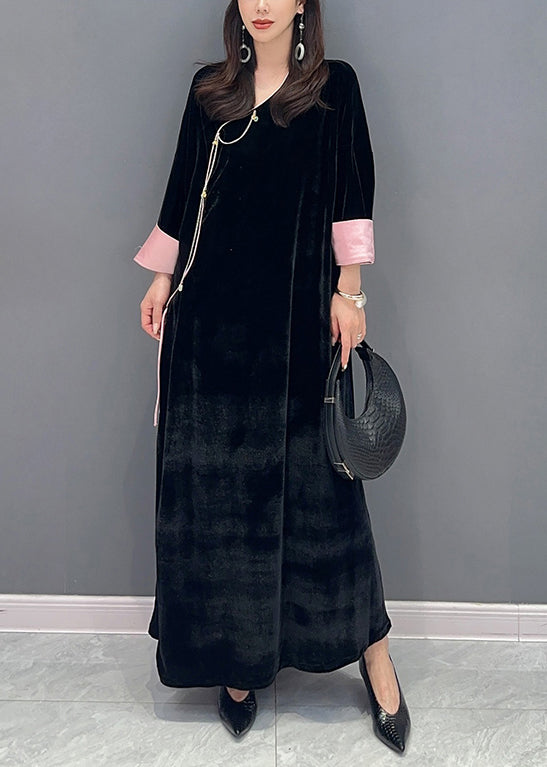 Black Lace Up Side Open Patchwork Velour Long Dress Fall