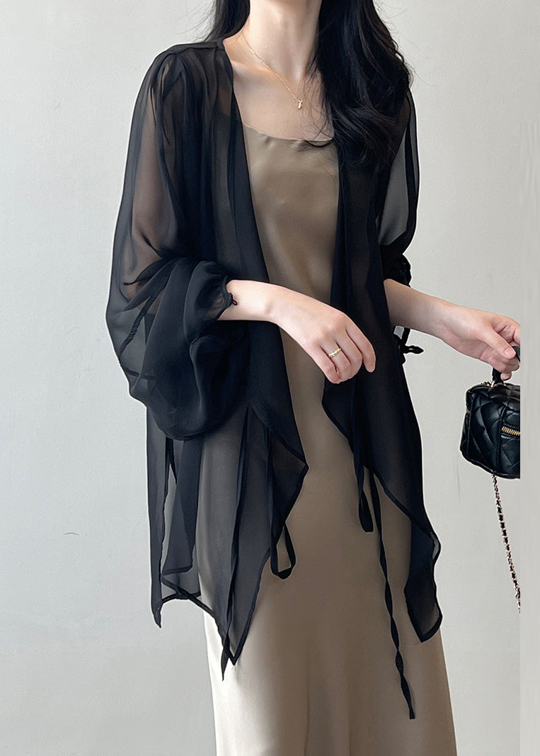 Black Lace Up Thin Chiffon Cardigan Spring