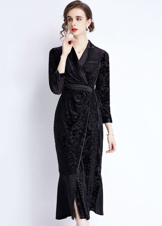 Black Notched Lace Up Jacquard Patchwork Silk Long Dresses Fall