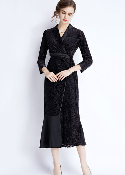 Black Notched Lace Up Jacquard Patchwork Silk Long Dresses Fall
