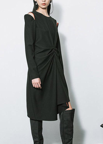 Black O-neck Asymmetrical Patchwork Long Dresses Long Sleeve