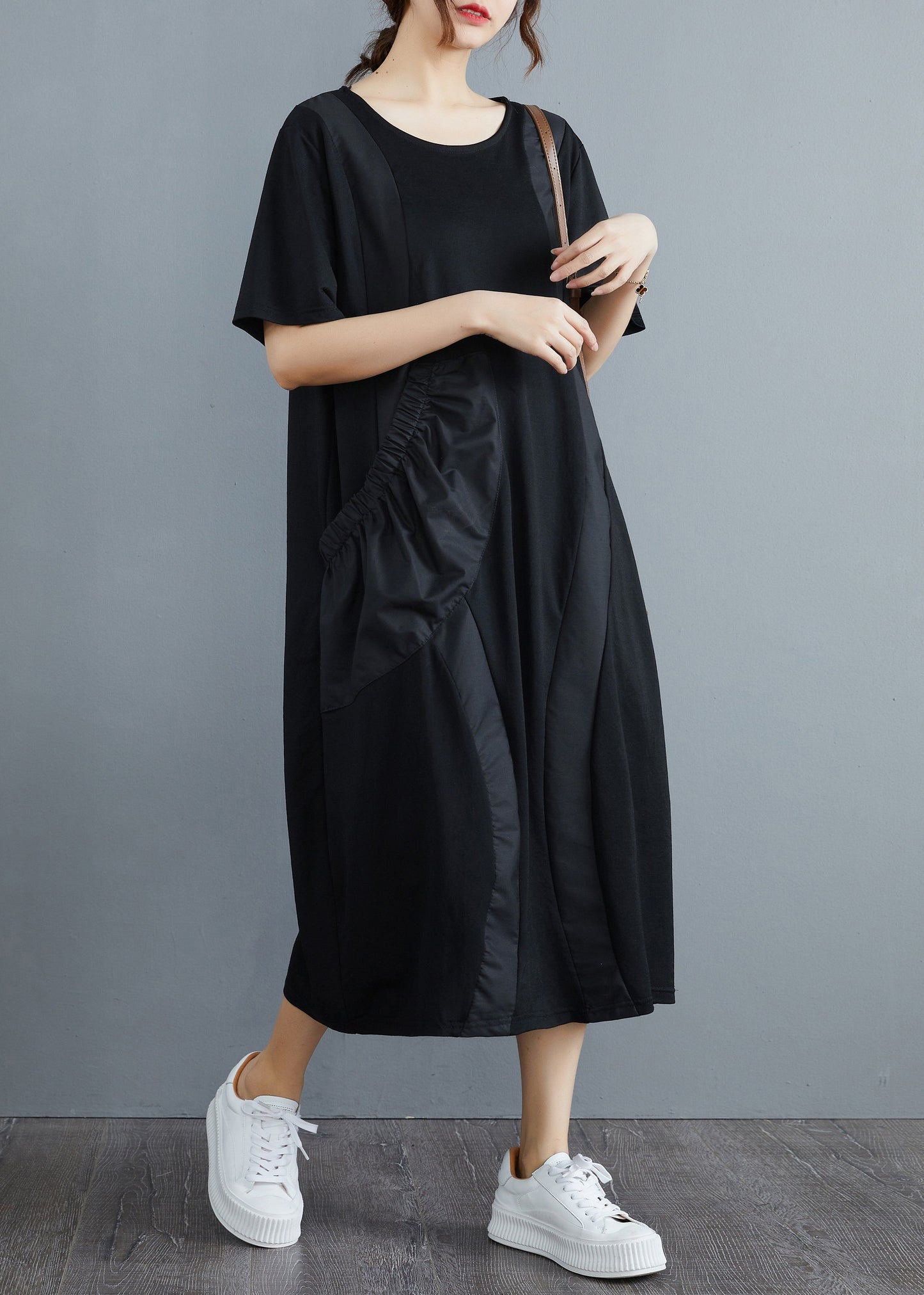 Black O-neck Big Pocket Patchwork Long Dress Short Sleeve