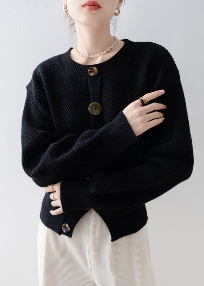 Black O-neck Cozy Knit Cardigan Winter