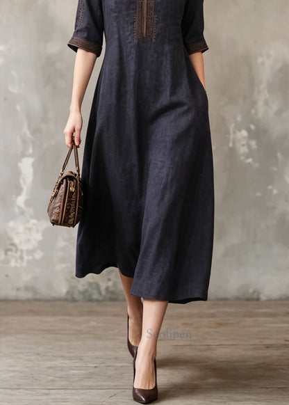 Black O-neck Embroidered Silk Dress Summer