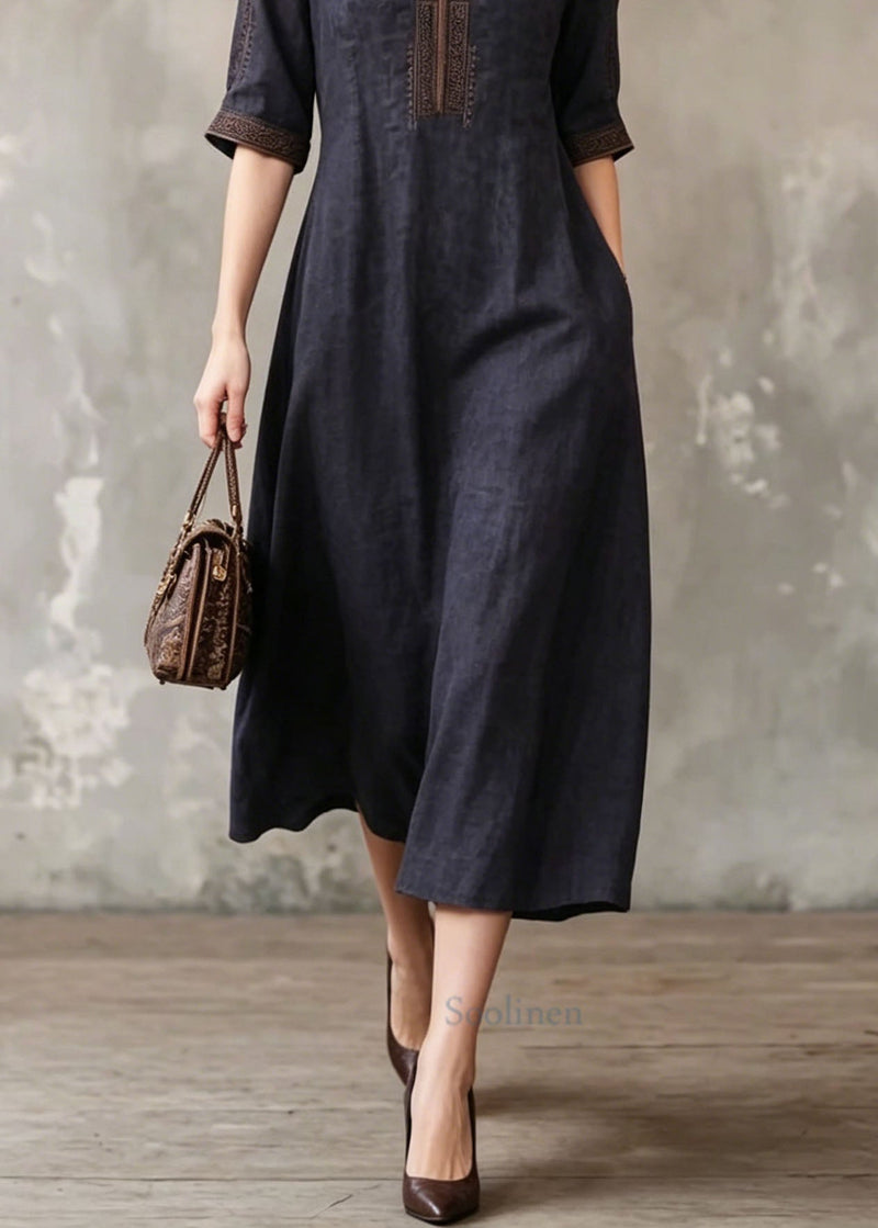 Black O-neck Embroidered Silk Dress Summer