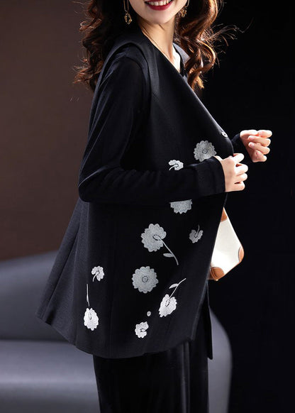 Black O-neck Embroidered Button Cotton Waistcoat Sleeveless