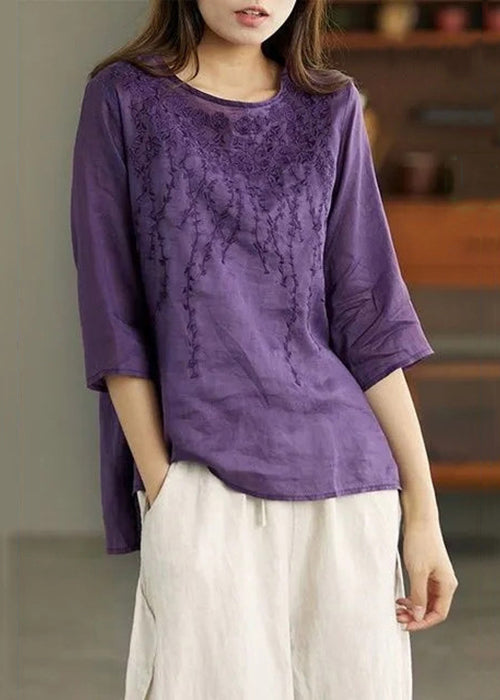 Black O Neck Embroideried Patchwork Linen T Shirt Summer