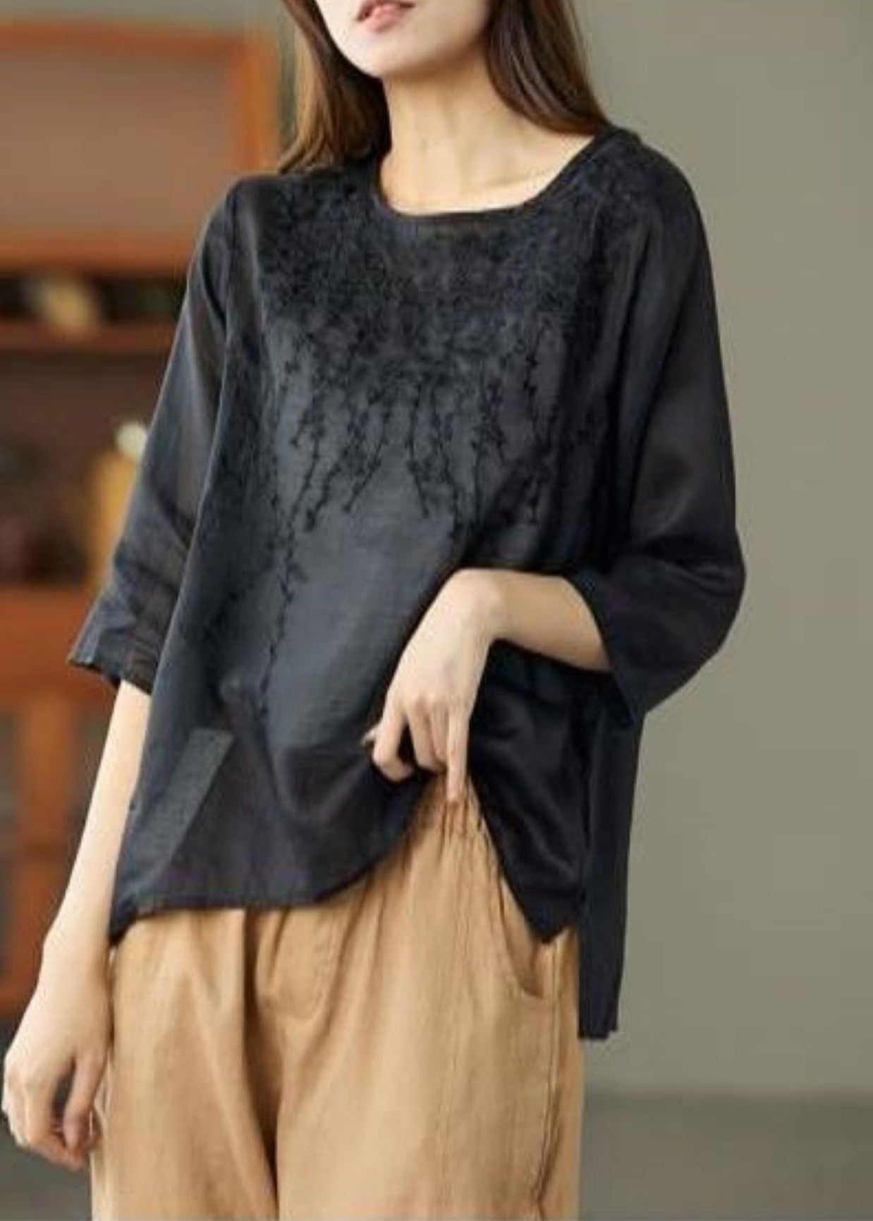 Black O Neck Embroideried Patchwork Linen T Shirt Summer