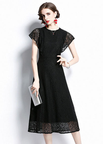 Black O Neck Hollow Out Patchwork Lace Dresses Batwing Sleeve
